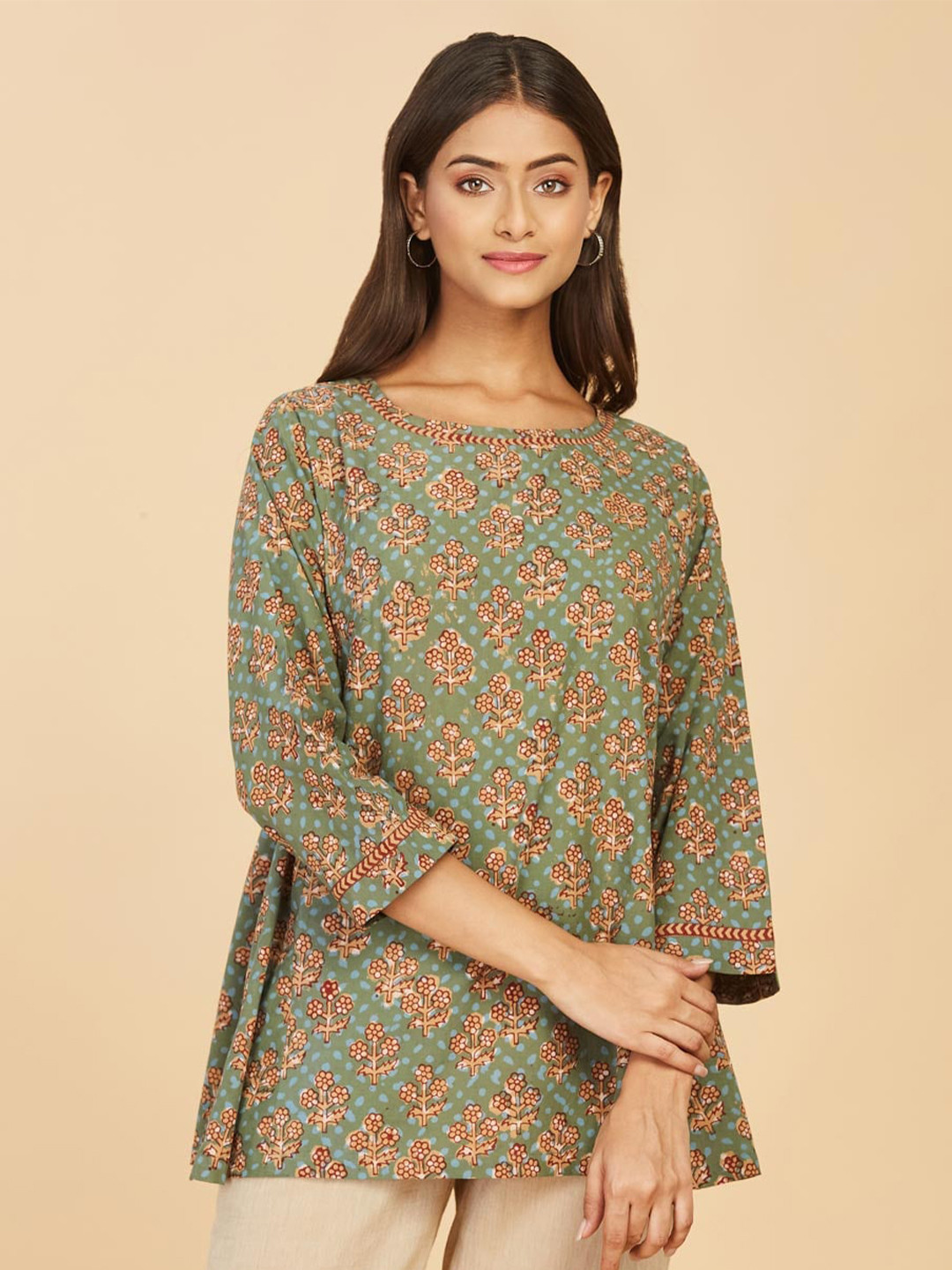 

Fabindia Sea Green Floral Printed Pure Cotton Kurti