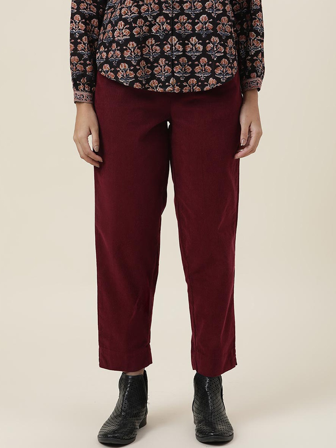 

Fabindia Women Magenta Cotton Pleated Trousers