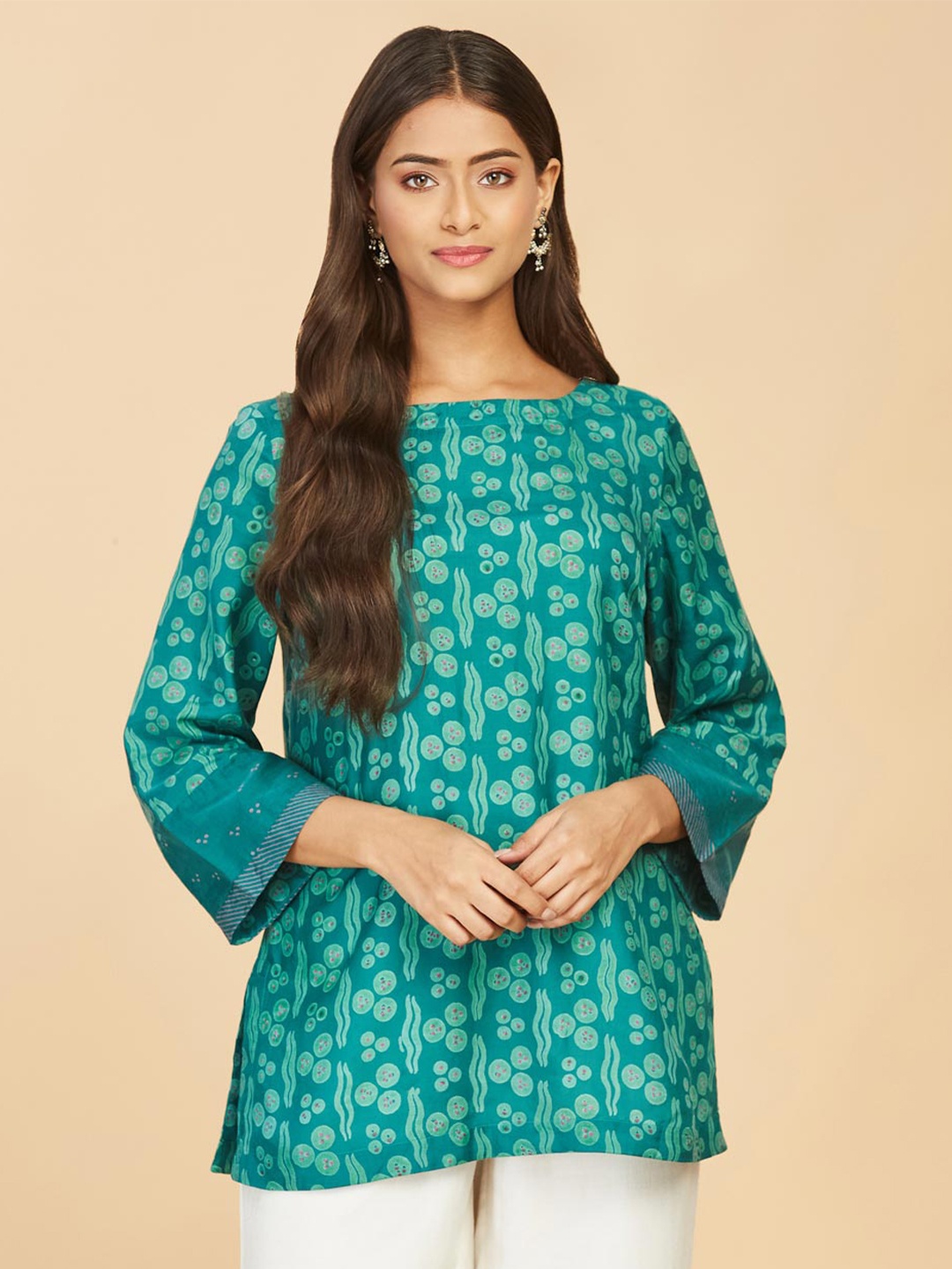 

Fabindia Sea Green Quirky Printed Boat Neck Kurti