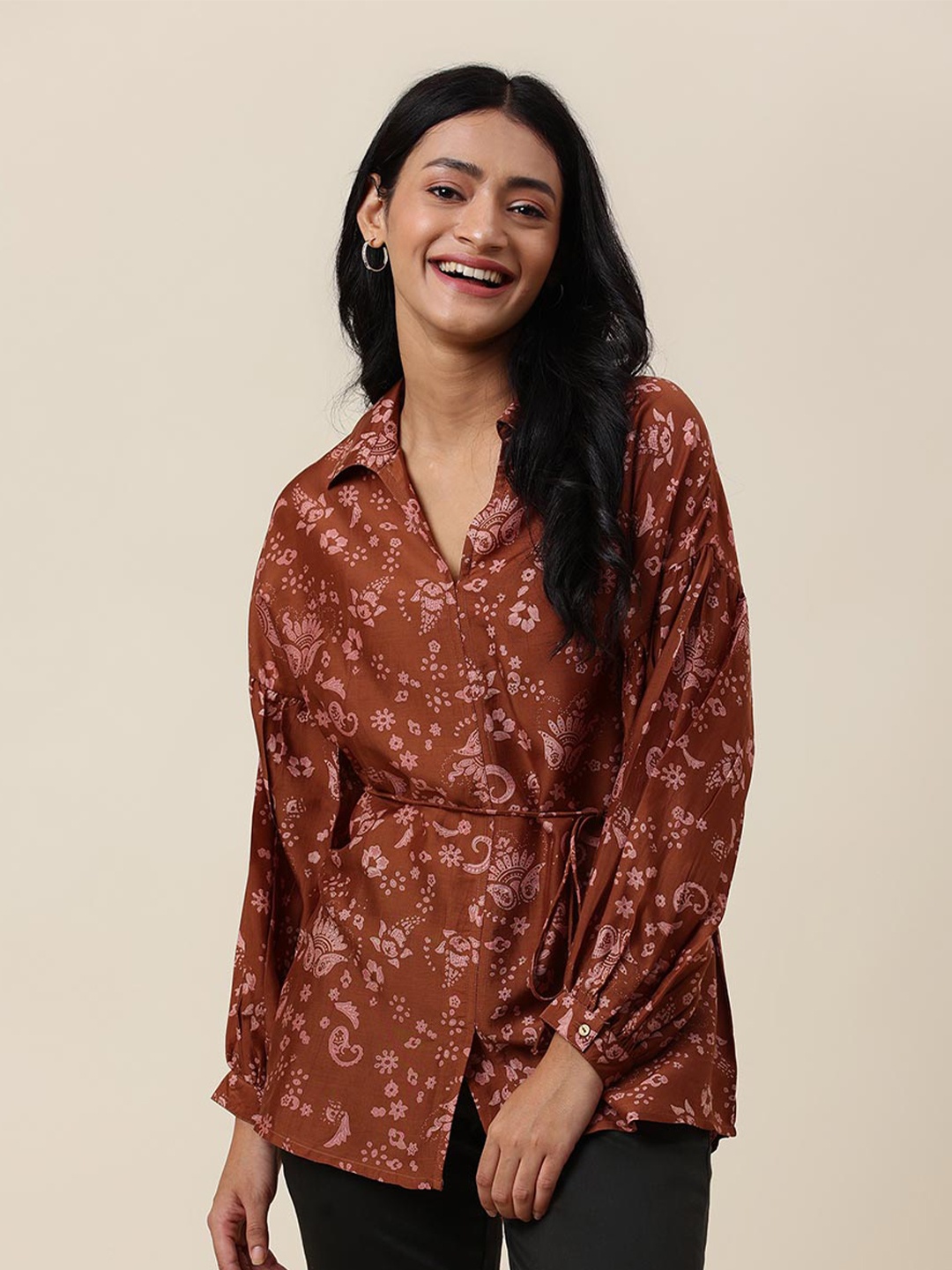 

Fabindia Brown Floral Print Shirt Style Top