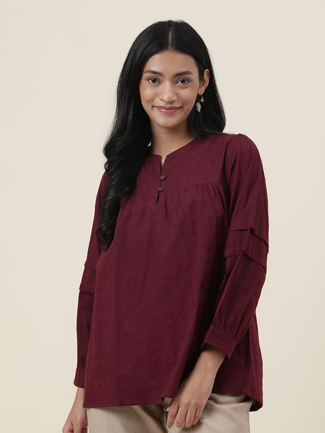 

Fabindia Maroon Mandarin Collar Pure Cotton Top