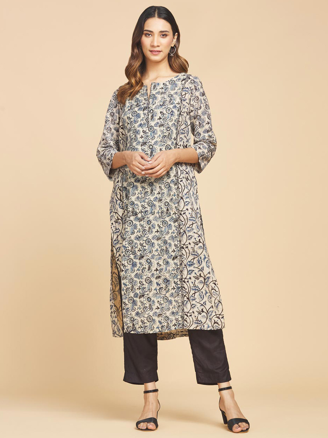 

Fabindia Women Beige Floral Printed Notched Neck Pure Cotton Kurta