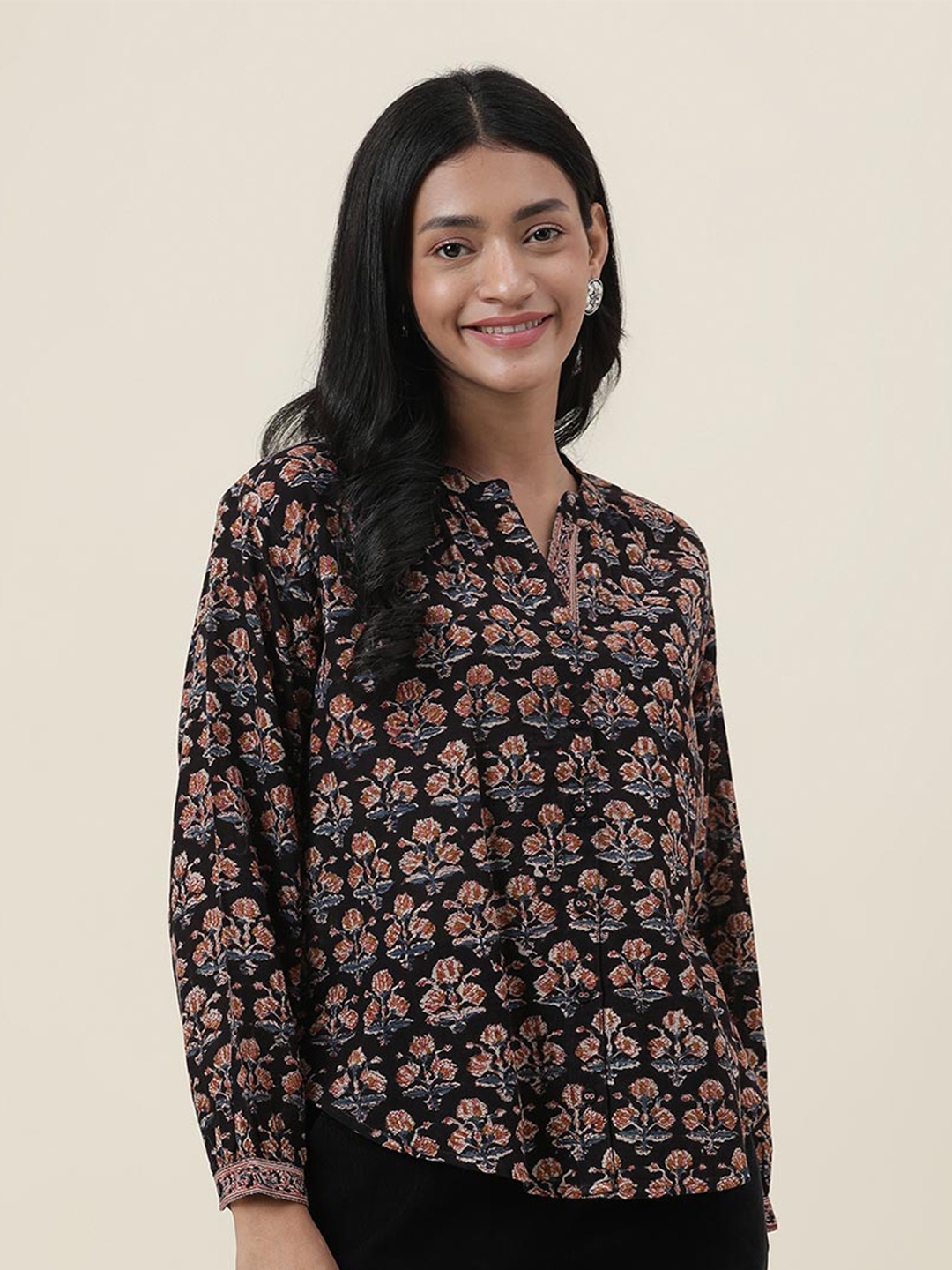 

Fabindia Black Floral Print Mandarin Collar Pure Cotton Top