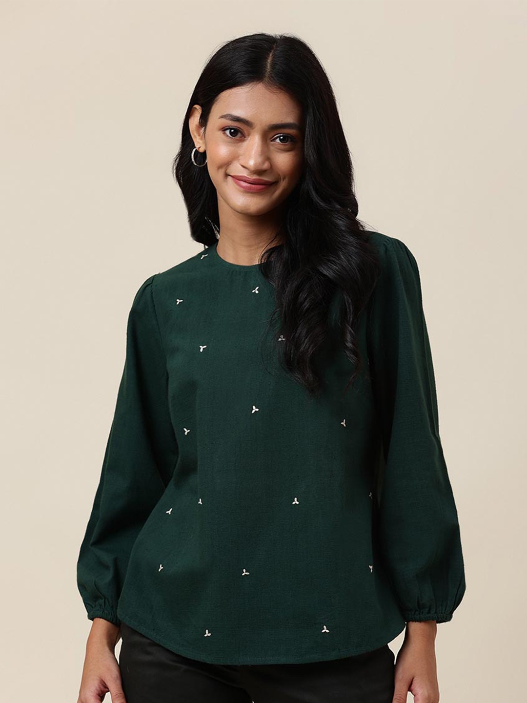 

Fabindia Green Geometric Embroidered Pure Cotton Top