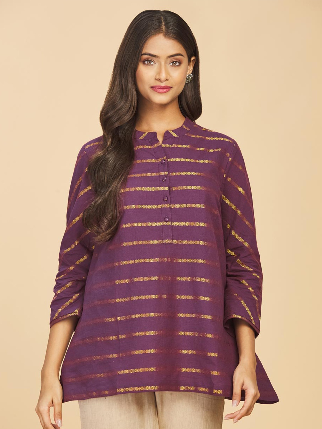 

Fabindia Purple & Gold-Toned Woven Design Pure Cotton Kurti