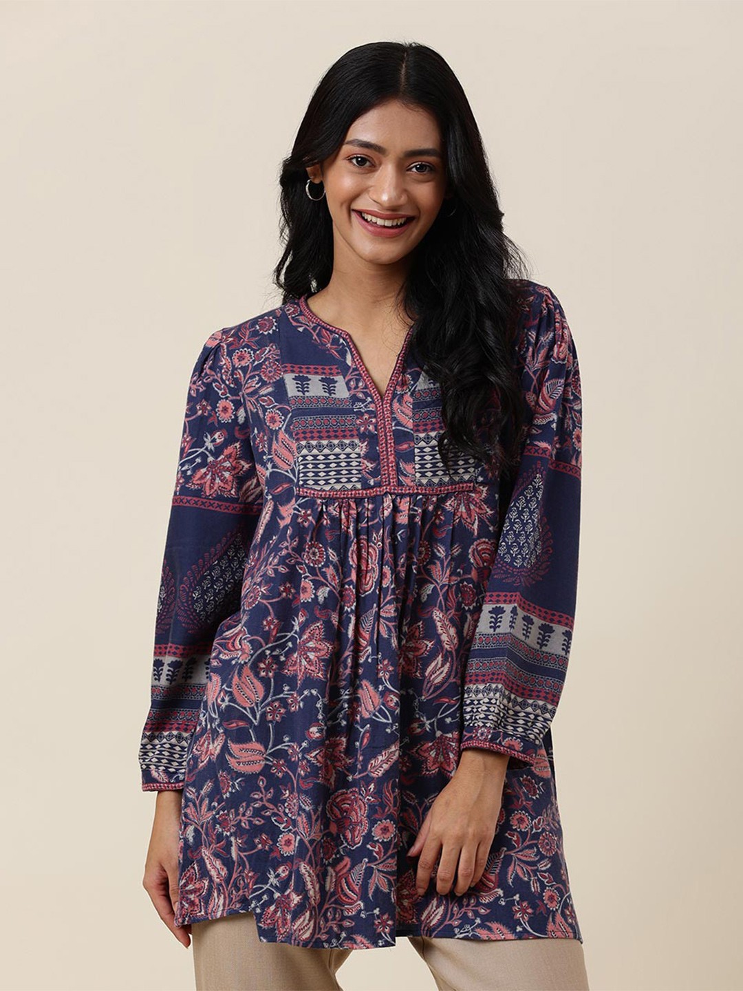 

Fabindia Blue Floral Printed V-Neck Pure Cotton Kurti