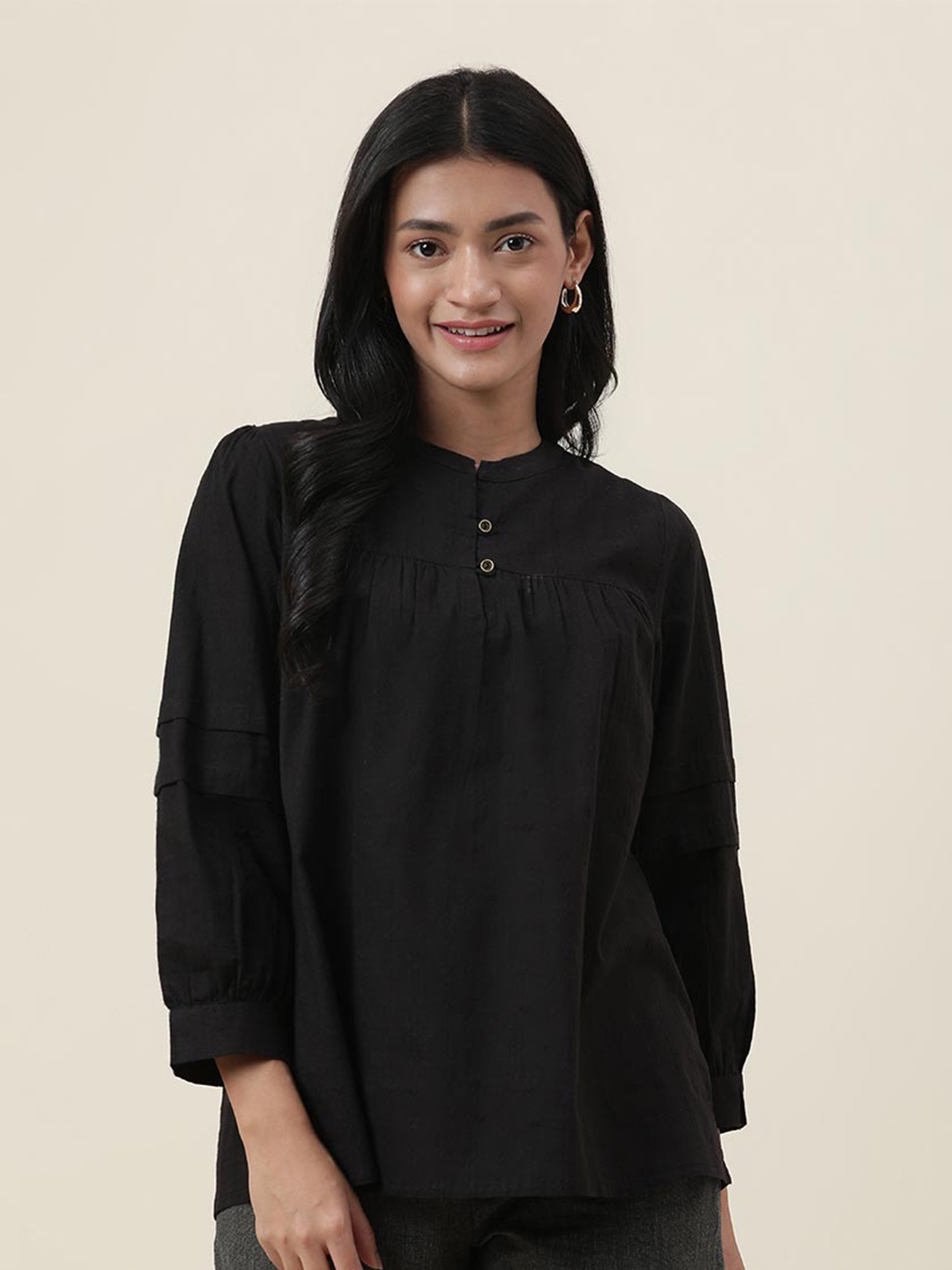 

Fabindia Black Mandarin Collar Pure Cotton Top