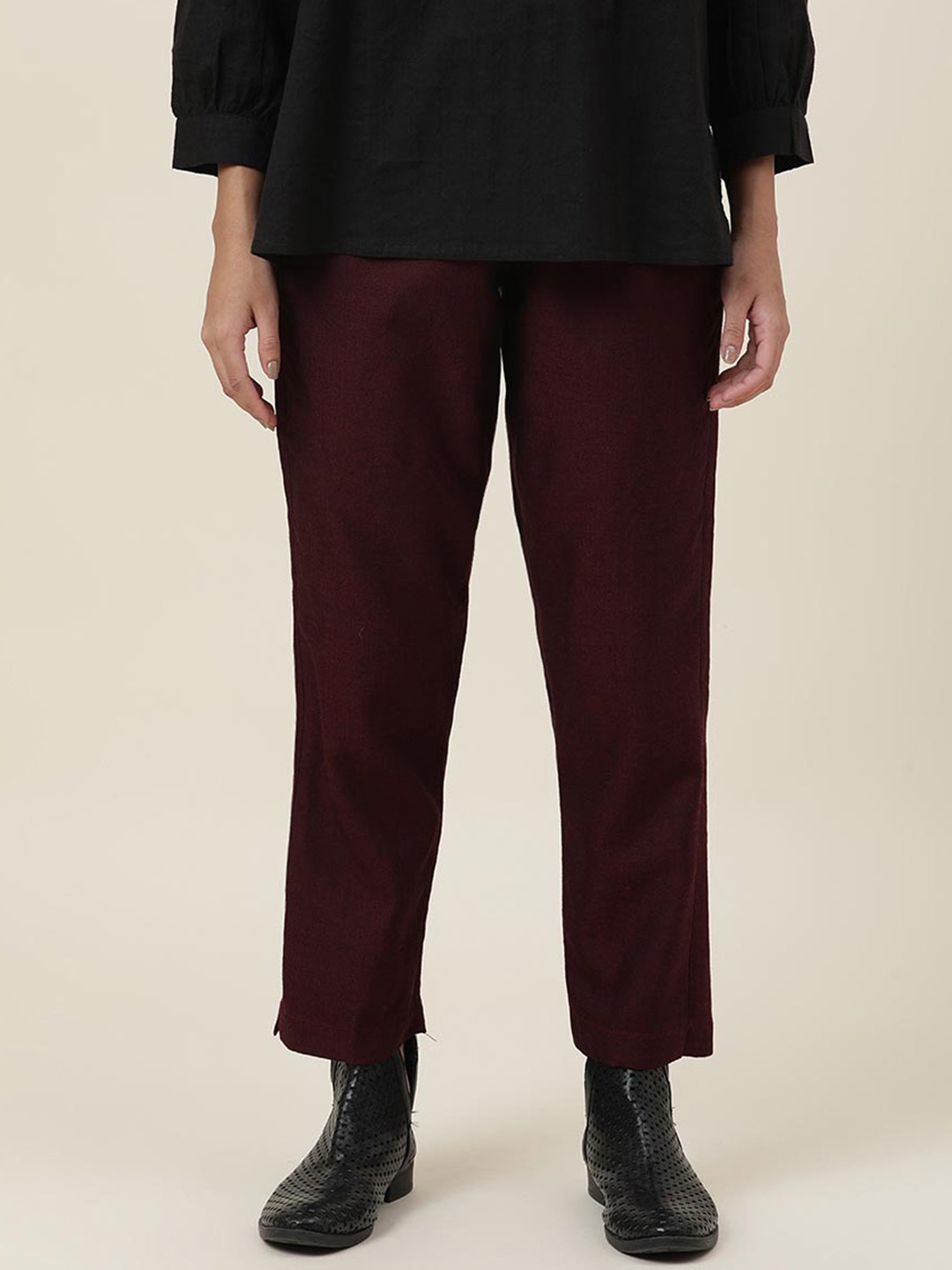 

Fabindia Women Maroon Solid Trousers