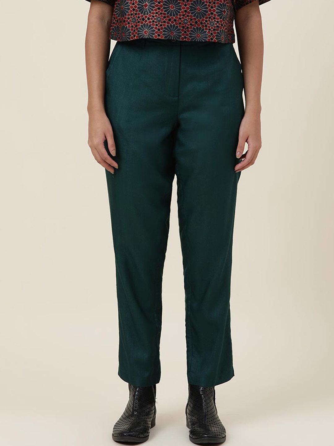 

Fabindia Women Green Solid Trousers