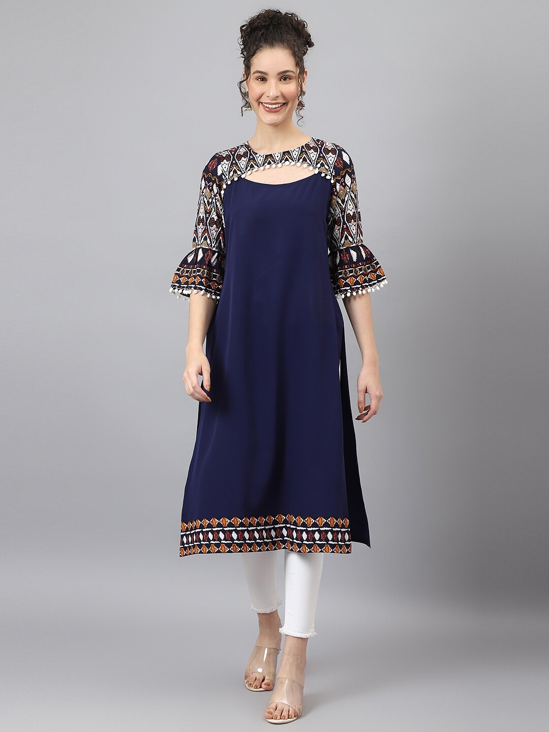 

DEEBACO Women Navy Blue Yoke Design Bell Sleeves Kurta