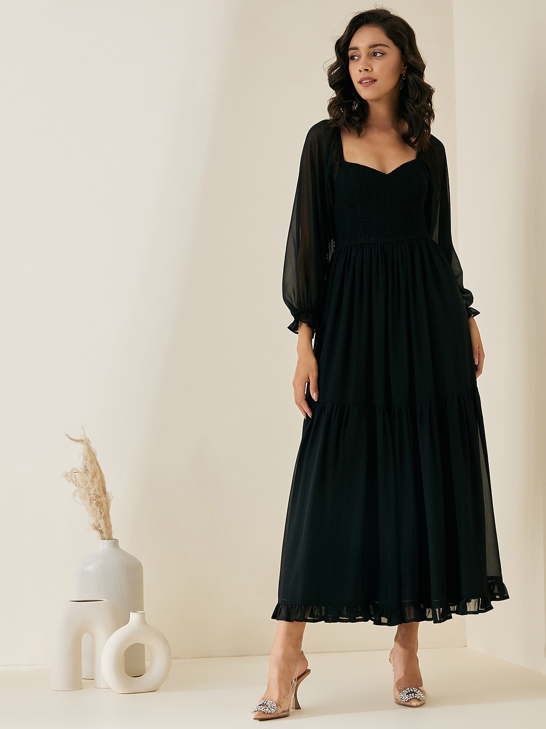 

Femella Black Crepe Sweetheart Neck Self Design Puff Sleeves A-Line Dress