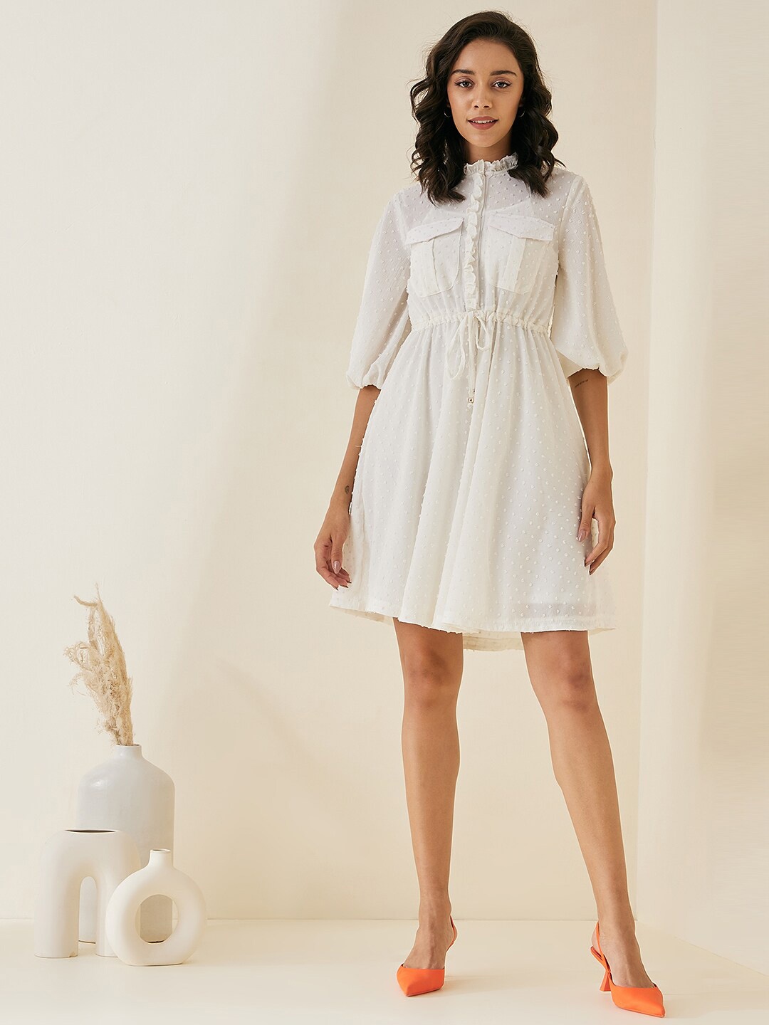 

Femella Off White Self Design Puff Sleeves Fit & Flare Dress