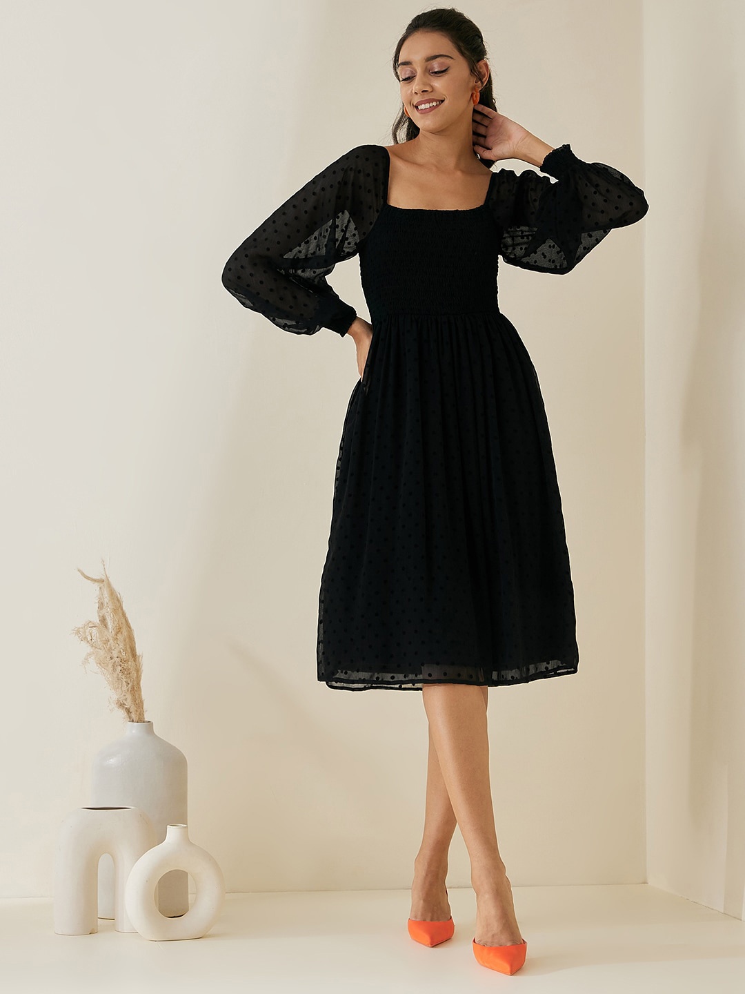

Femella Black Self Design Puff Sleeves A-Line Dress