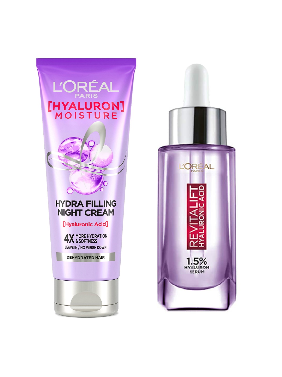 

LOreal Set of Revitalift 1.5% HA Serum 15 ml + Hydra Filling Night Hair Cream 180 ml, Purple