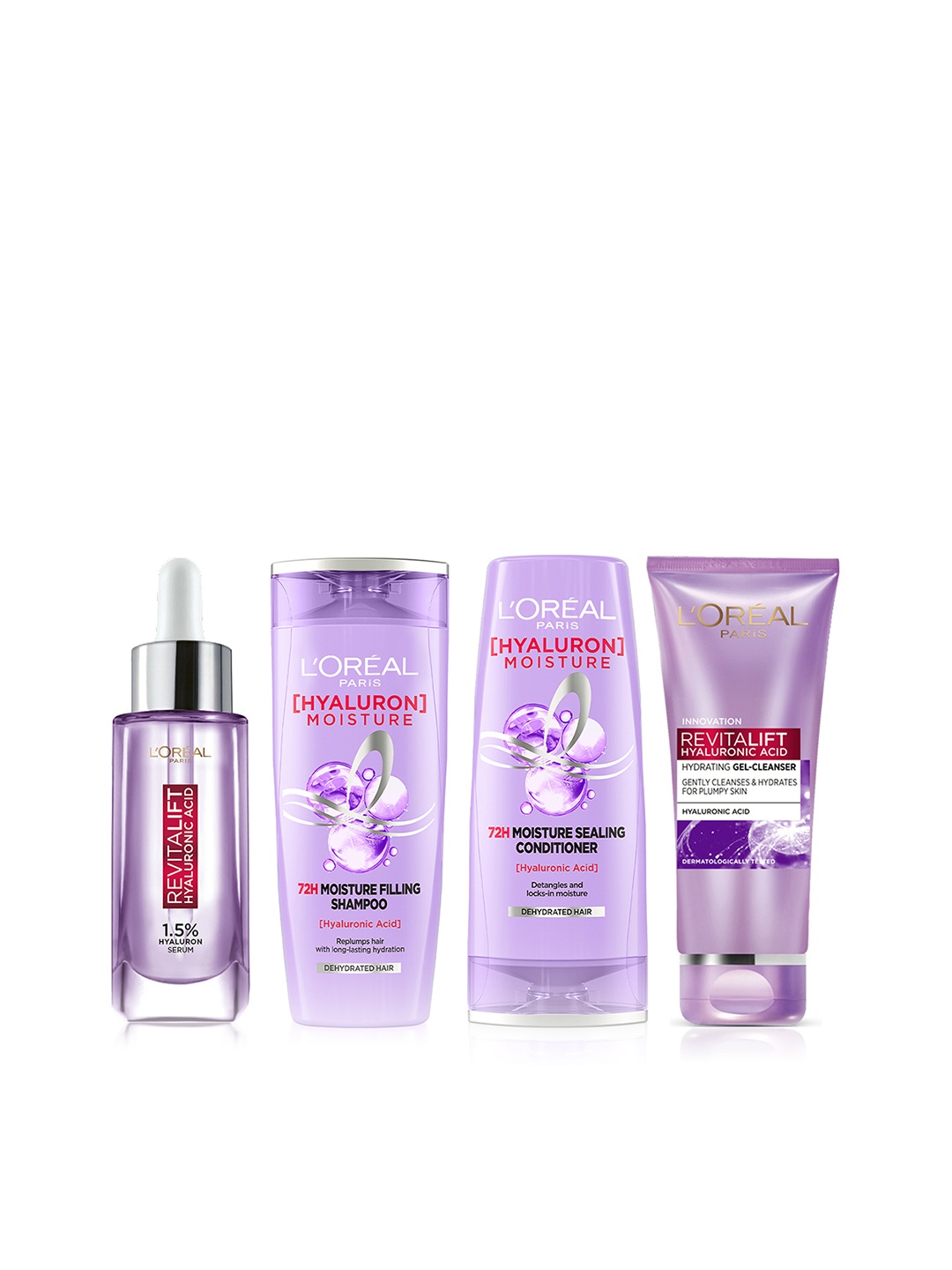 

LOreal Revitalift HA Serum+Hydrating Gel Cleanser+Hyaluron Moisture Shampoo+Conditioner, Purple