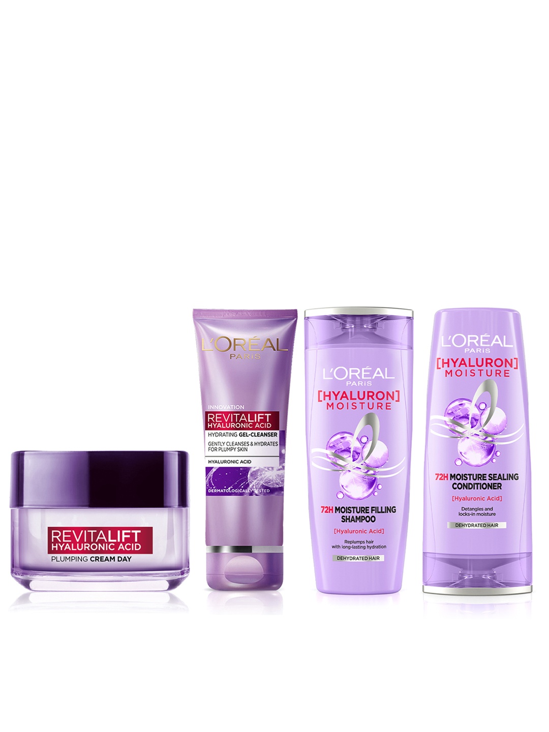 

LOreal Revitalift Day Cream+Hydrating Gel Cleanser+Hyaluron Moisture Shampoo+Conditioner, Purple