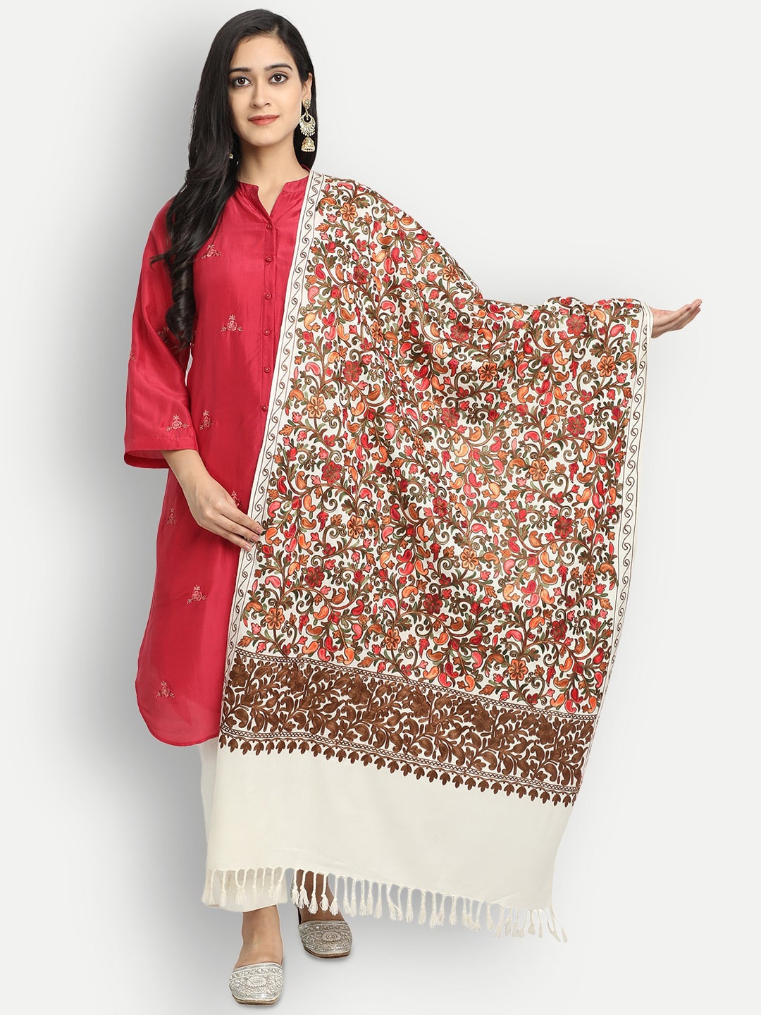 

Zamour Women White & Pink Embroidered Kashmiri Stole