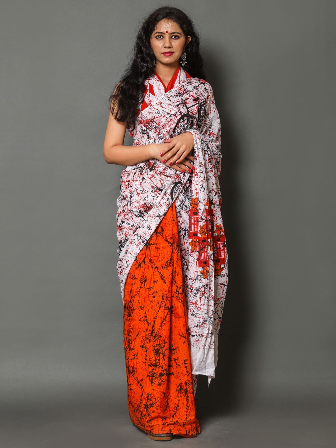 

BUTA BUTI White & Orange Pure Cotton Ready to Wear Saree