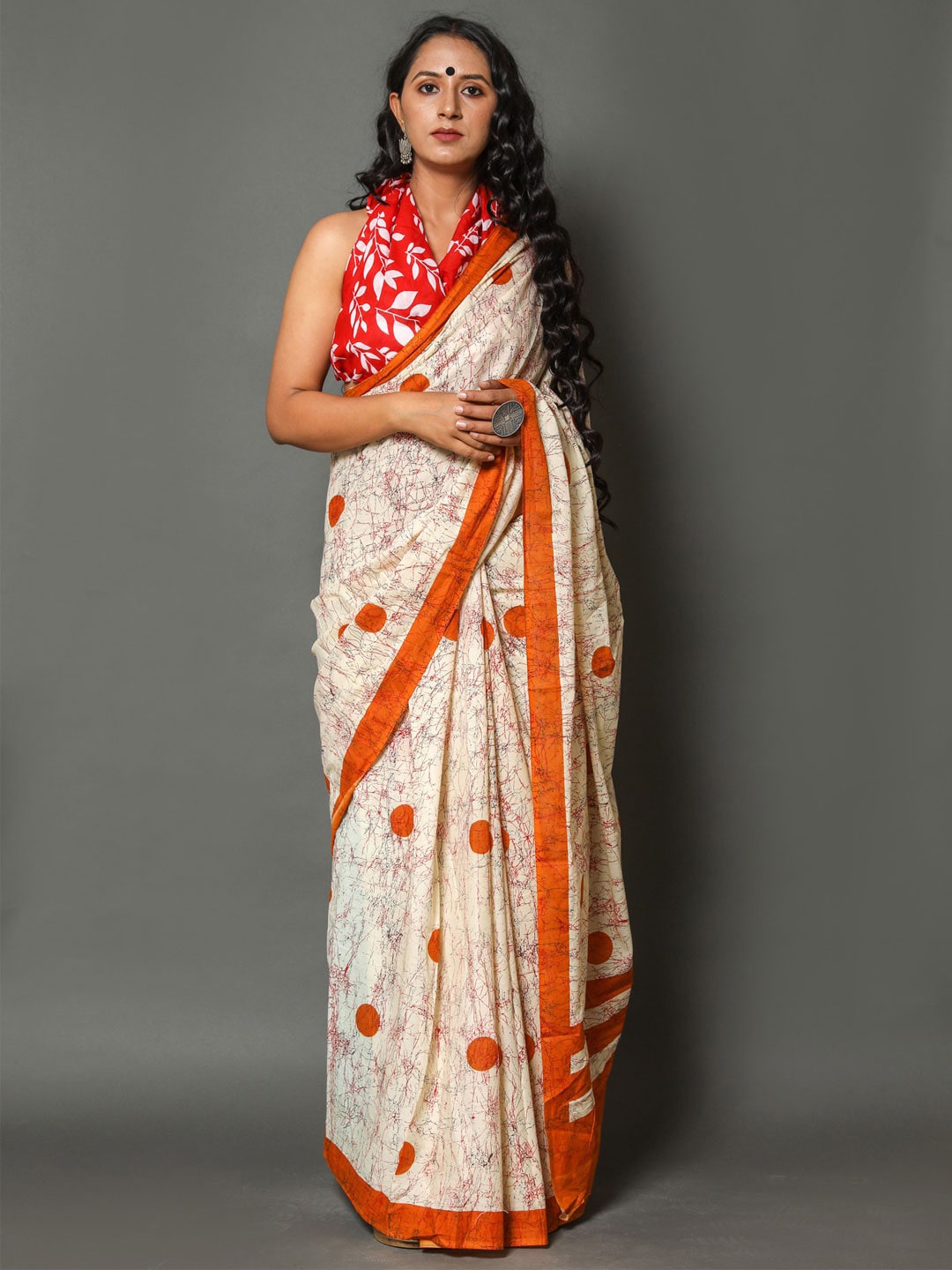 

BUTA BUTI Beige & Orange Polka Dots Pure Cotton Saree