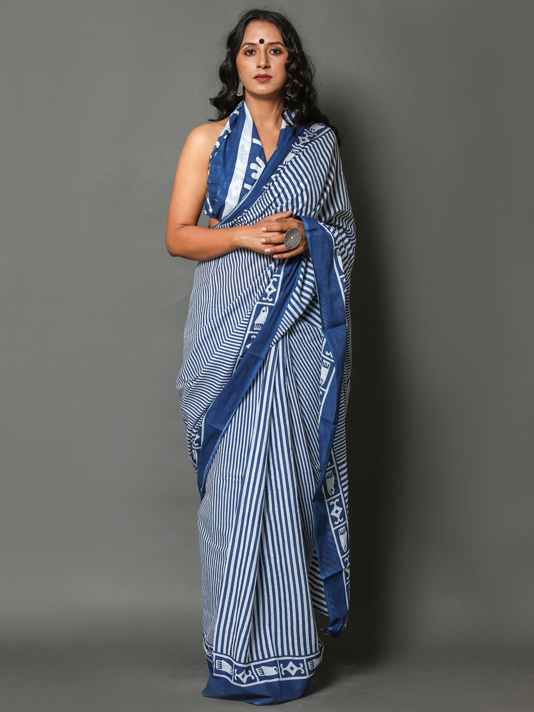 

BUTA BUTI Blue & White Striped Pure Cotton Saree