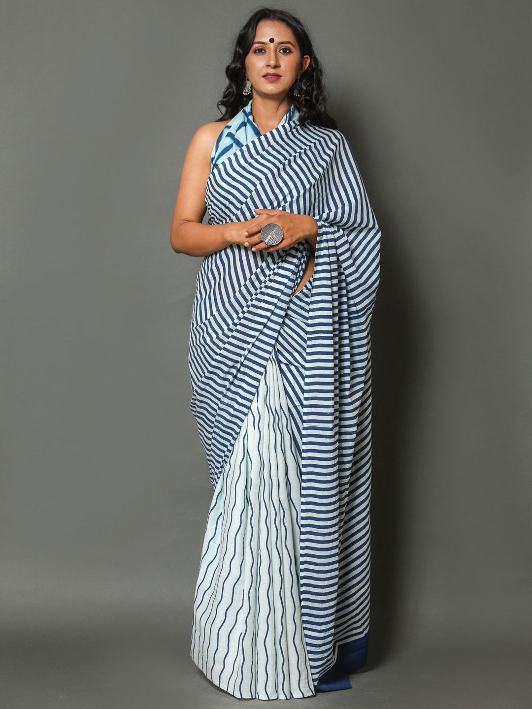 

BUTA BUTI Blue & White Striped Pure Cotton Saree