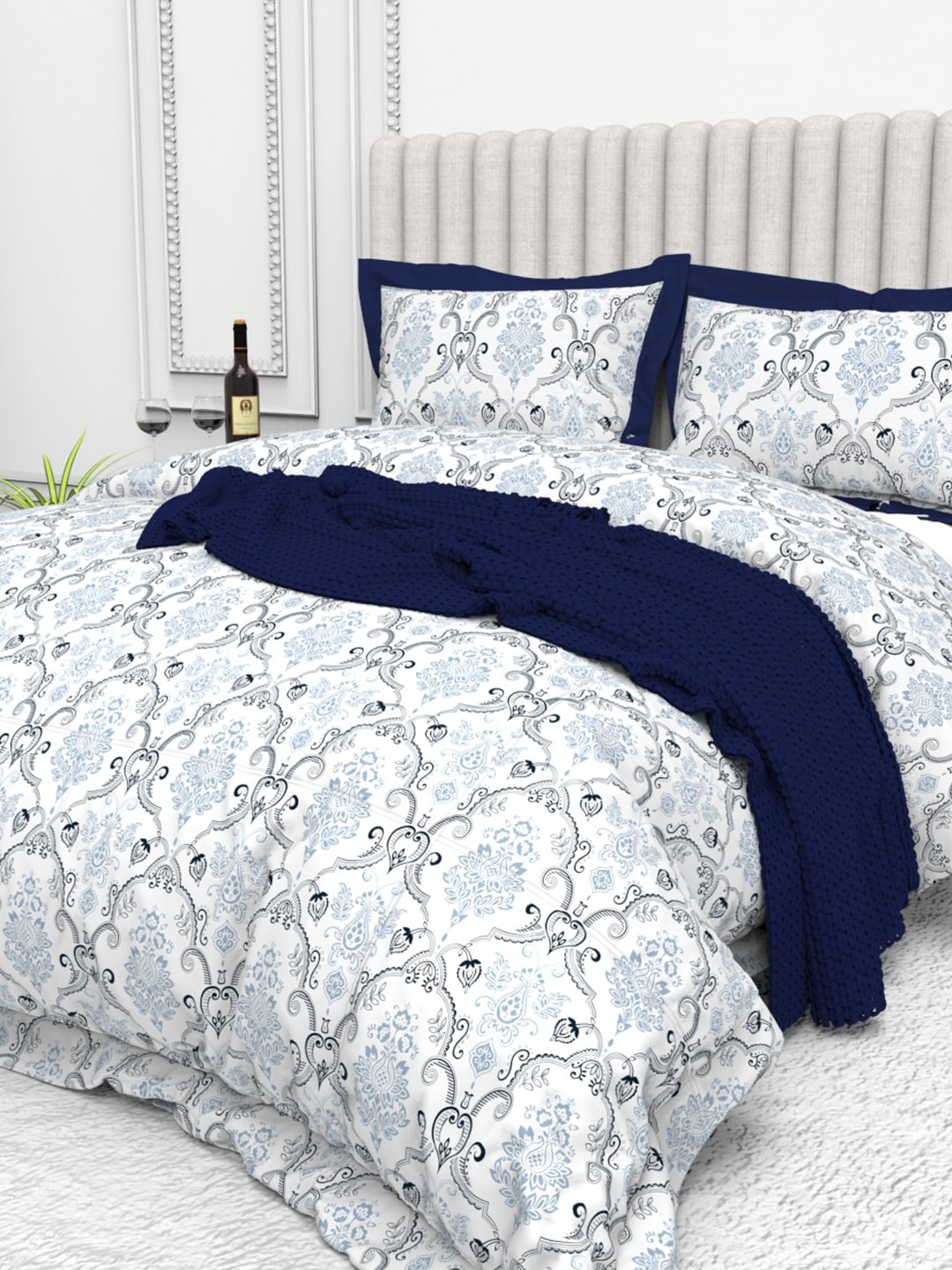 

THE WHITE MOSS White & Blue Ethnic Motifs Cotton 250 TC King Bedsheet with 2 Pillow Covers