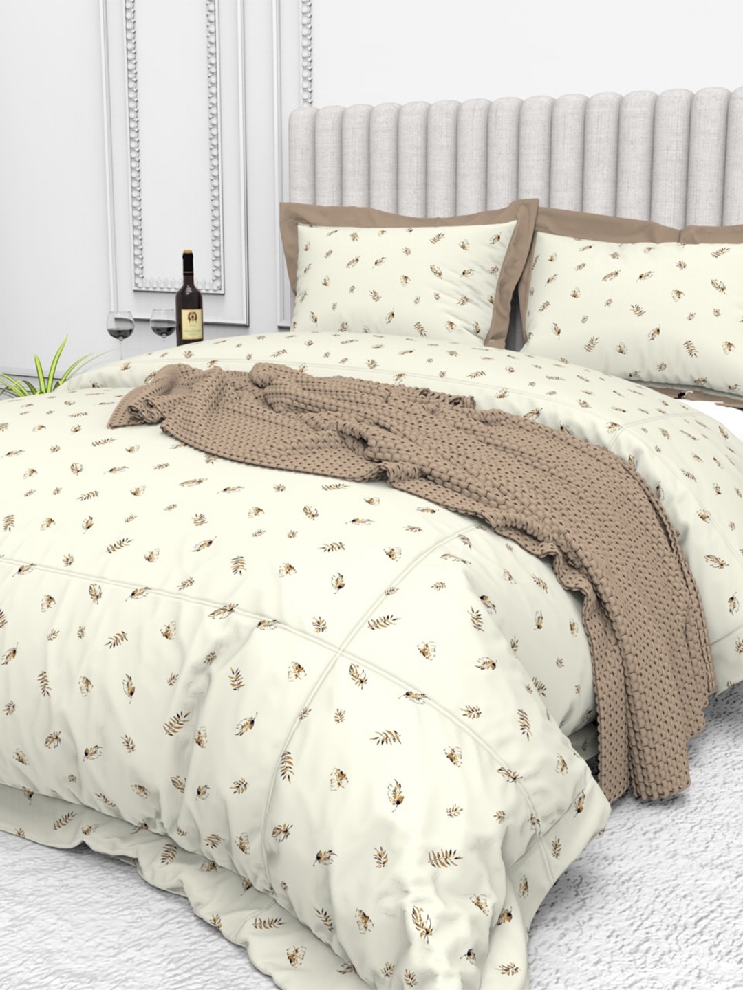 

THE WHITE MOSS Tuscan summer Floral Cotton 250 TC King Bedsheet with 2 Pillow Covers, Cream