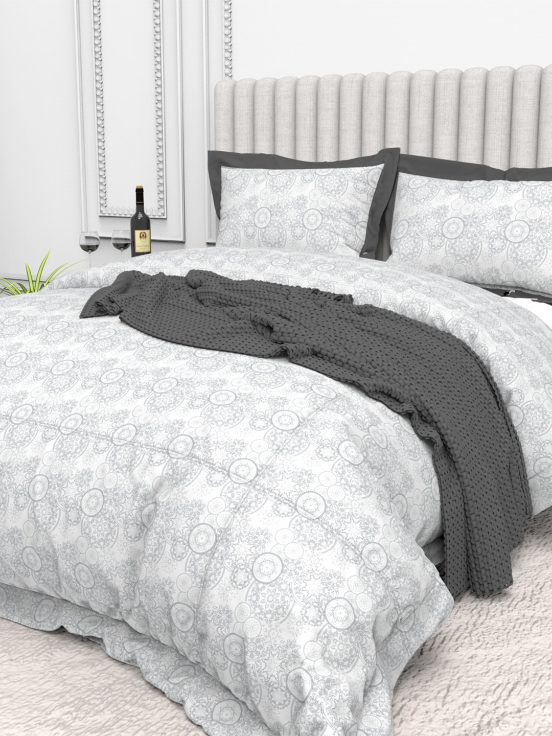 

THE WHITE MOSS Tuscan summer Ethnic Motifs Cotton King Bedsheet with 2 Pillow Covers, Grey