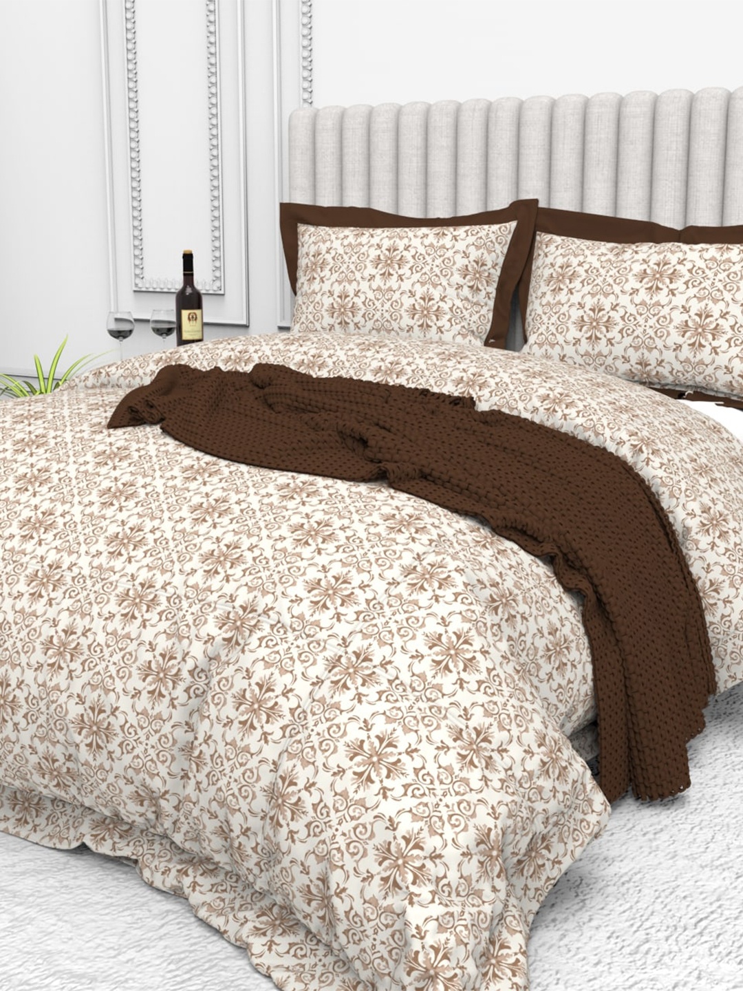 

THE WHITE MOSS Tuscan summer Printed Cotton 250 TC King Bedsheet with 2 Pillow Covers, Brown