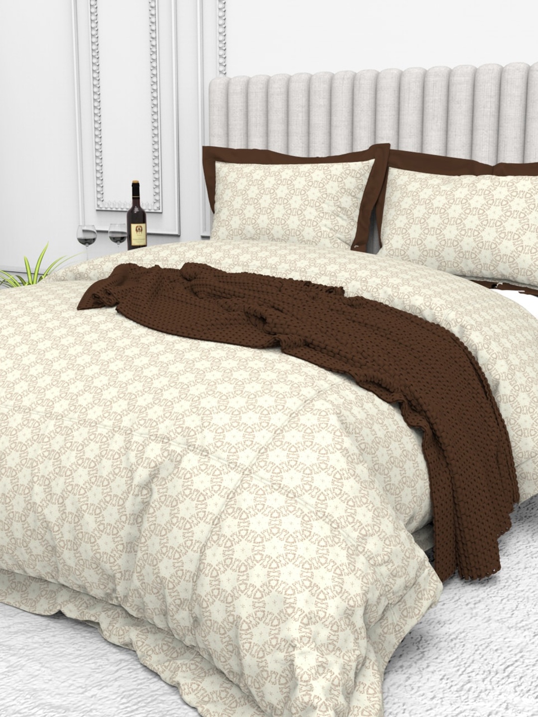 

THE WHITE MOSS Tuscan summer Geometric Cotton 250 TC King Bedsheet with 2 Pillow Covers, Brown