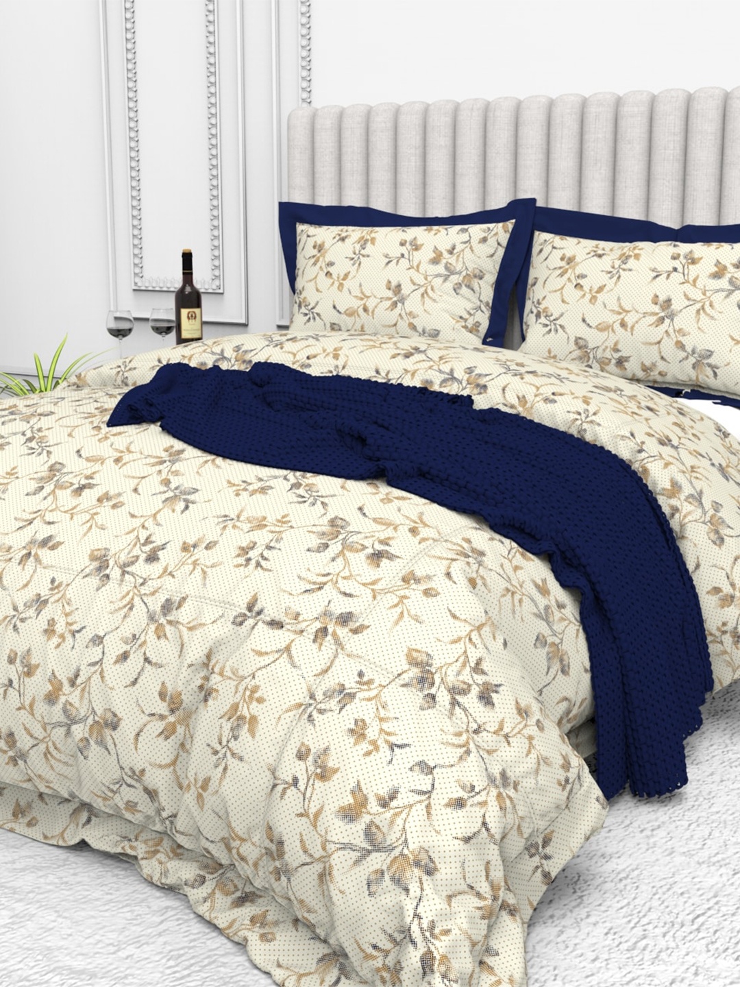 

THE WHITE MOSS Brown & Grey Floral Cotton 250 TC King Bedsheet with 2 Pillow Covers