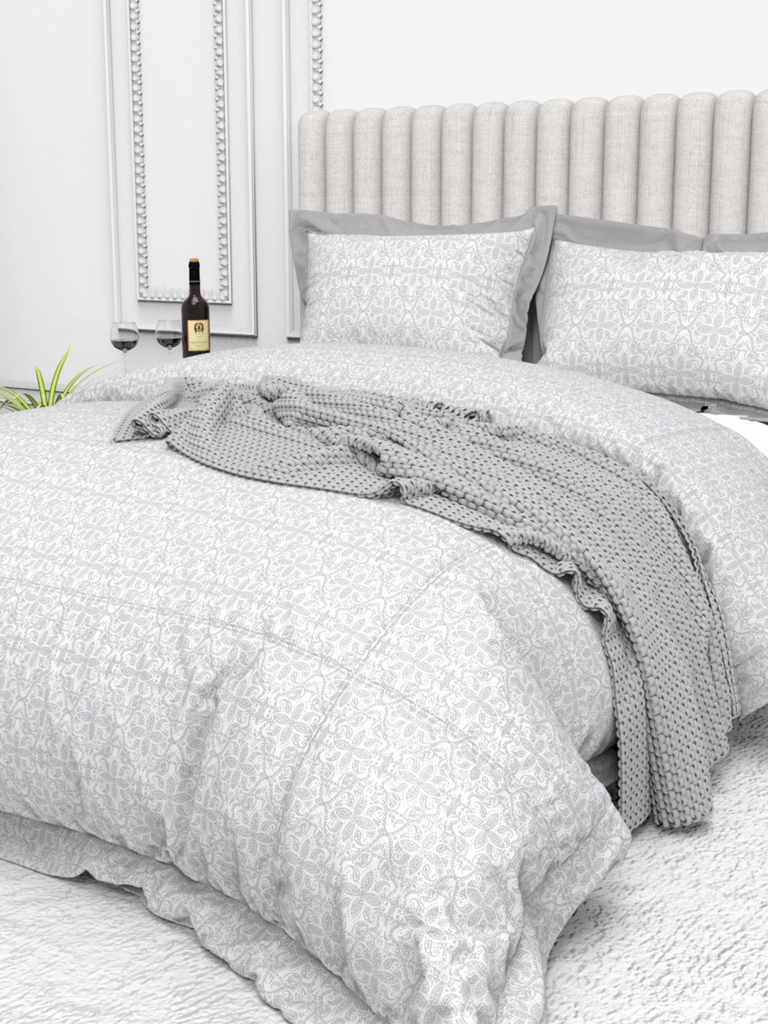 

THE WHITE MOSS White & Grey Ethnic Motifs Cotton 250 TC King Bedsheet with 2 Pillow Covers