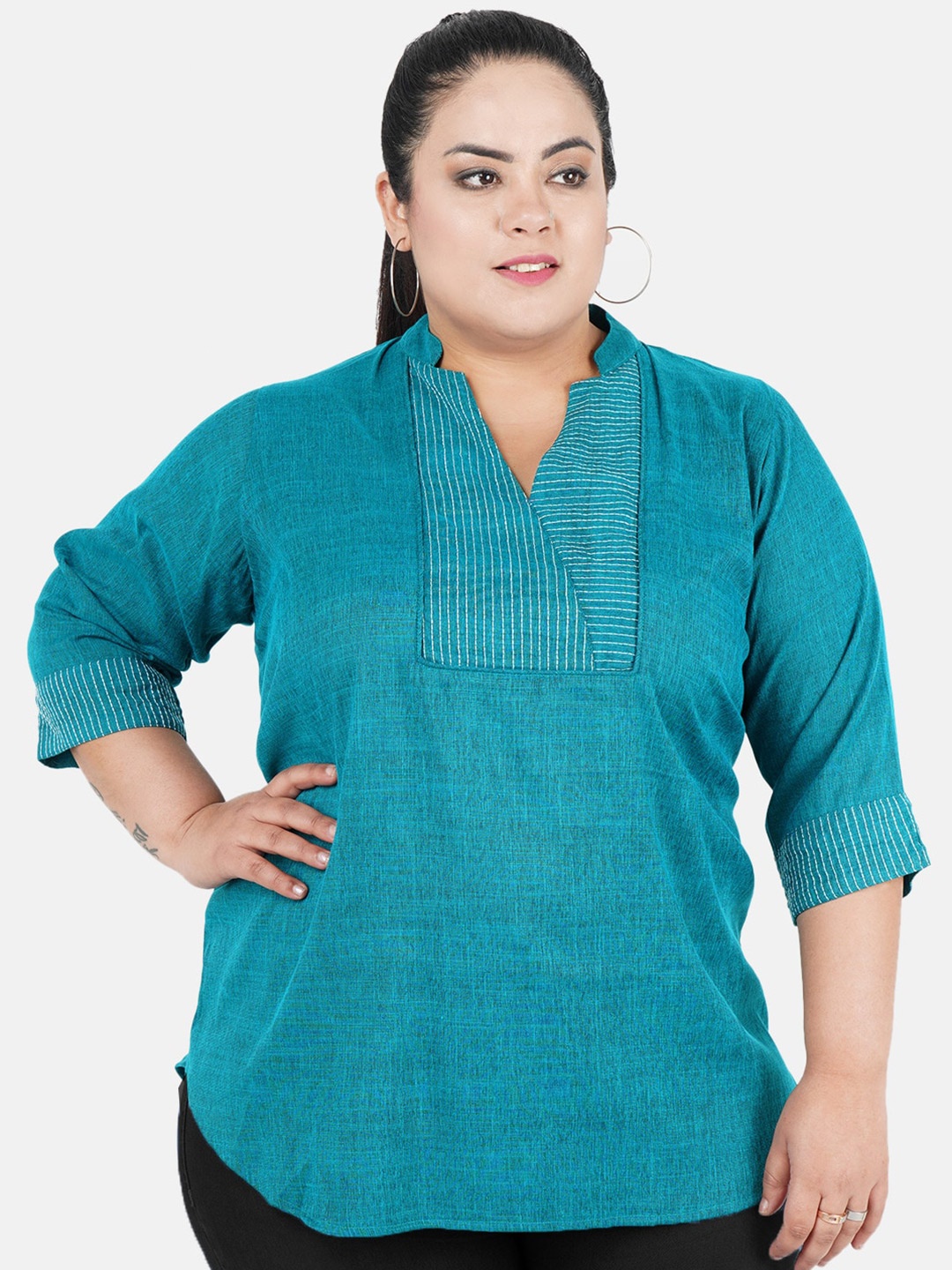 

Indietoga Turquoise Blue Cotton Mandarin Collar Plus Size Tunic
