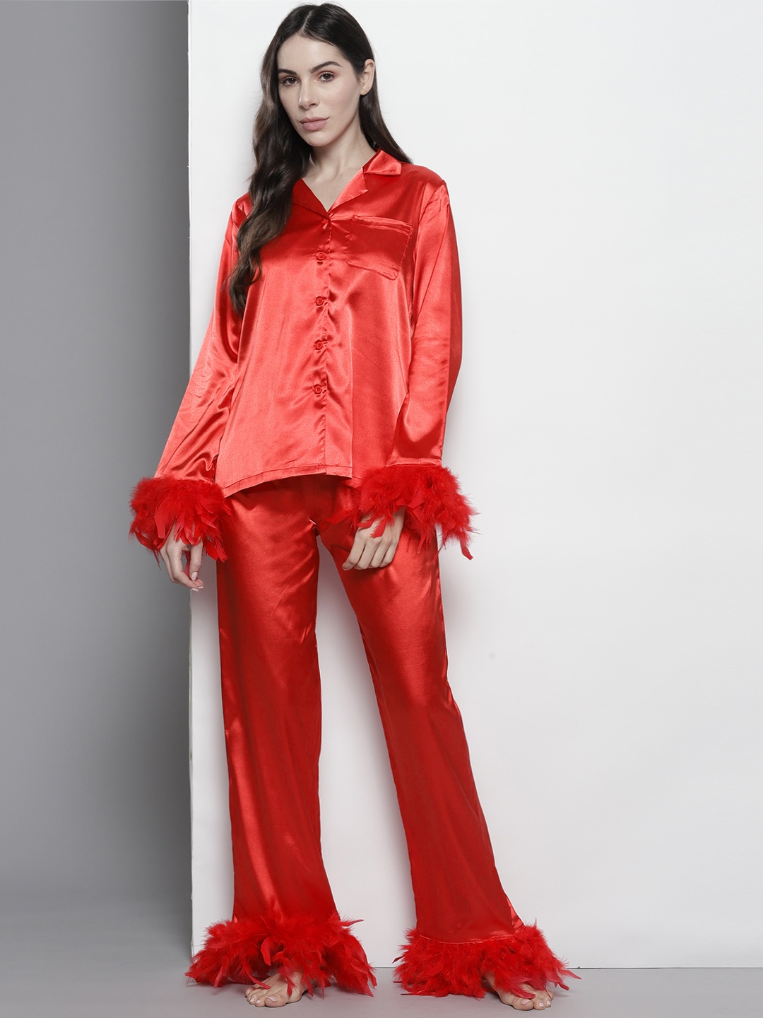 

Boohoo Women Satin Feather Trim Pyjama Set, Red