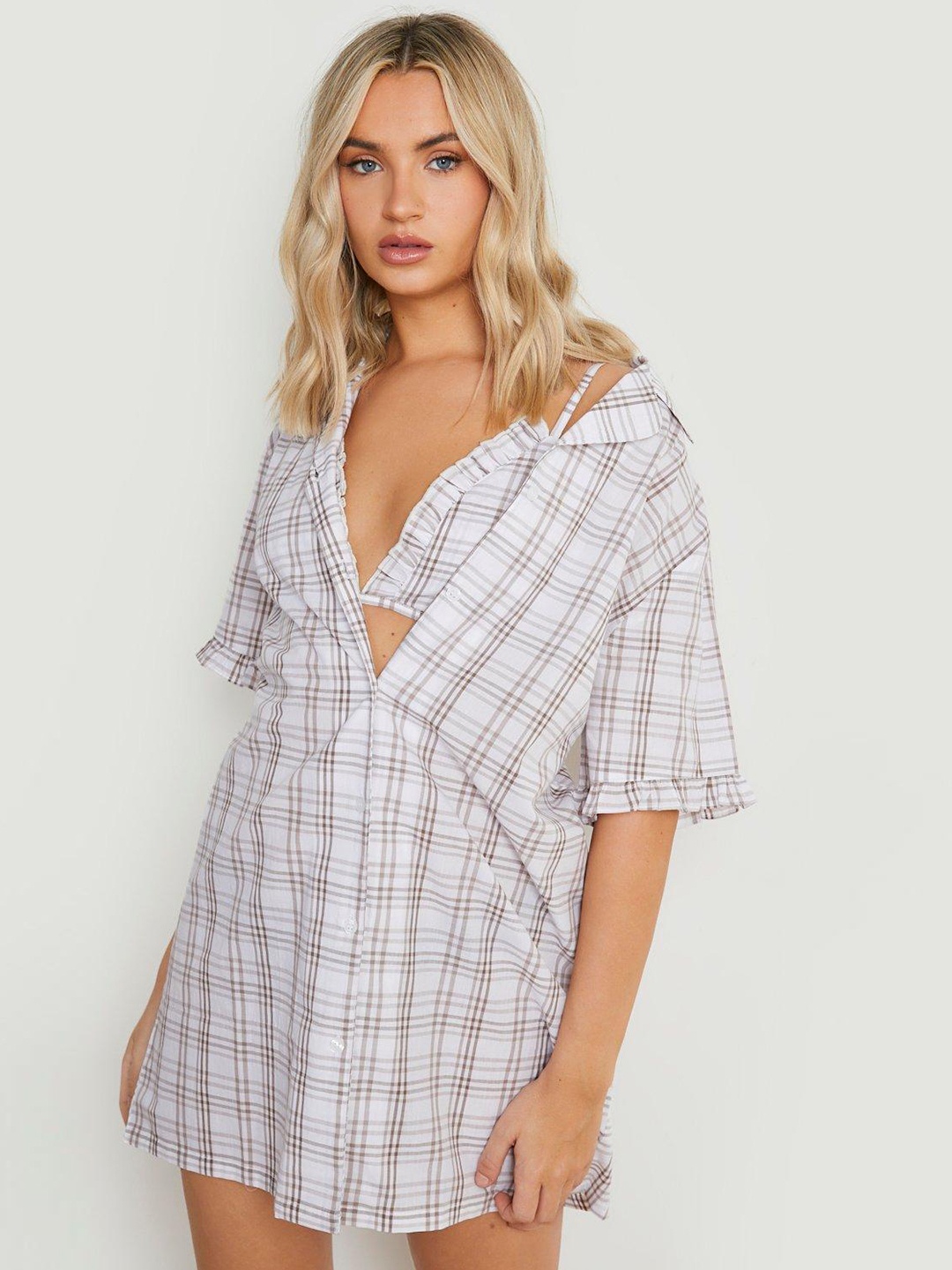 

Boohoo Brown Cotton Checked Nightdress