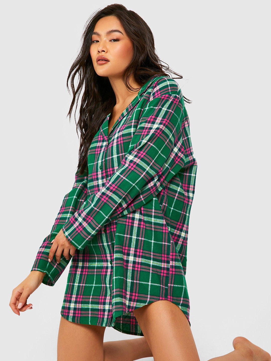 

Boohoo Green Cotton Checked Shirt Nightdress