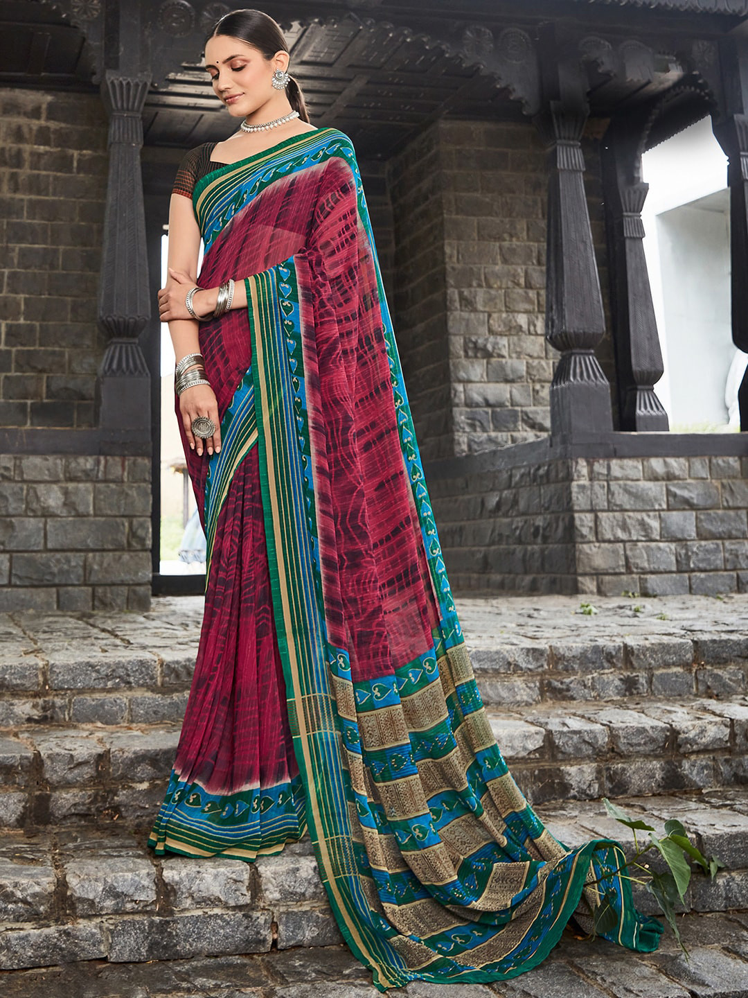 

Mitera Burgundy & Blue Tie and Dye Pure Georgette Block Print Saree