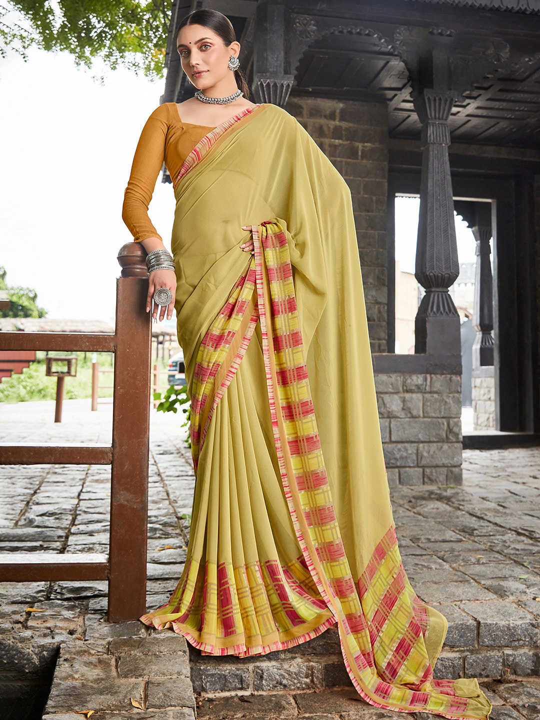 

Mitera Yellow & Red Pure Georgette Block Print Saree