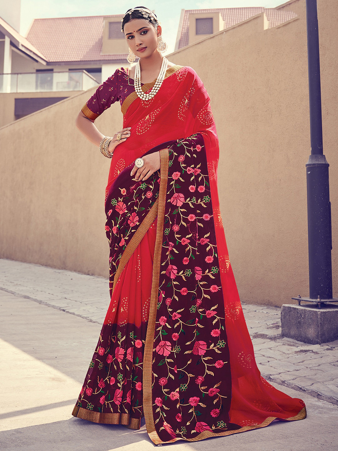 

Mitera Pink & Green Floral Zari Pure Chiffon Banarasi Saree