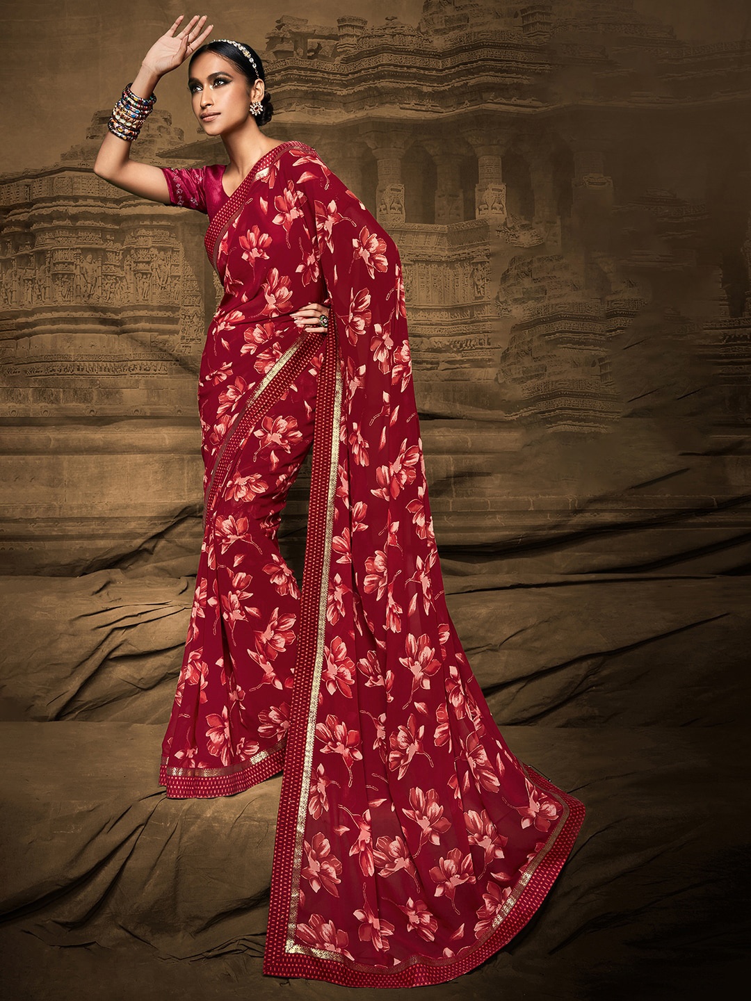 

Mitera Burgundy & Gold-Toned Floral Beads and Stones Silk Blend Bagh Saree