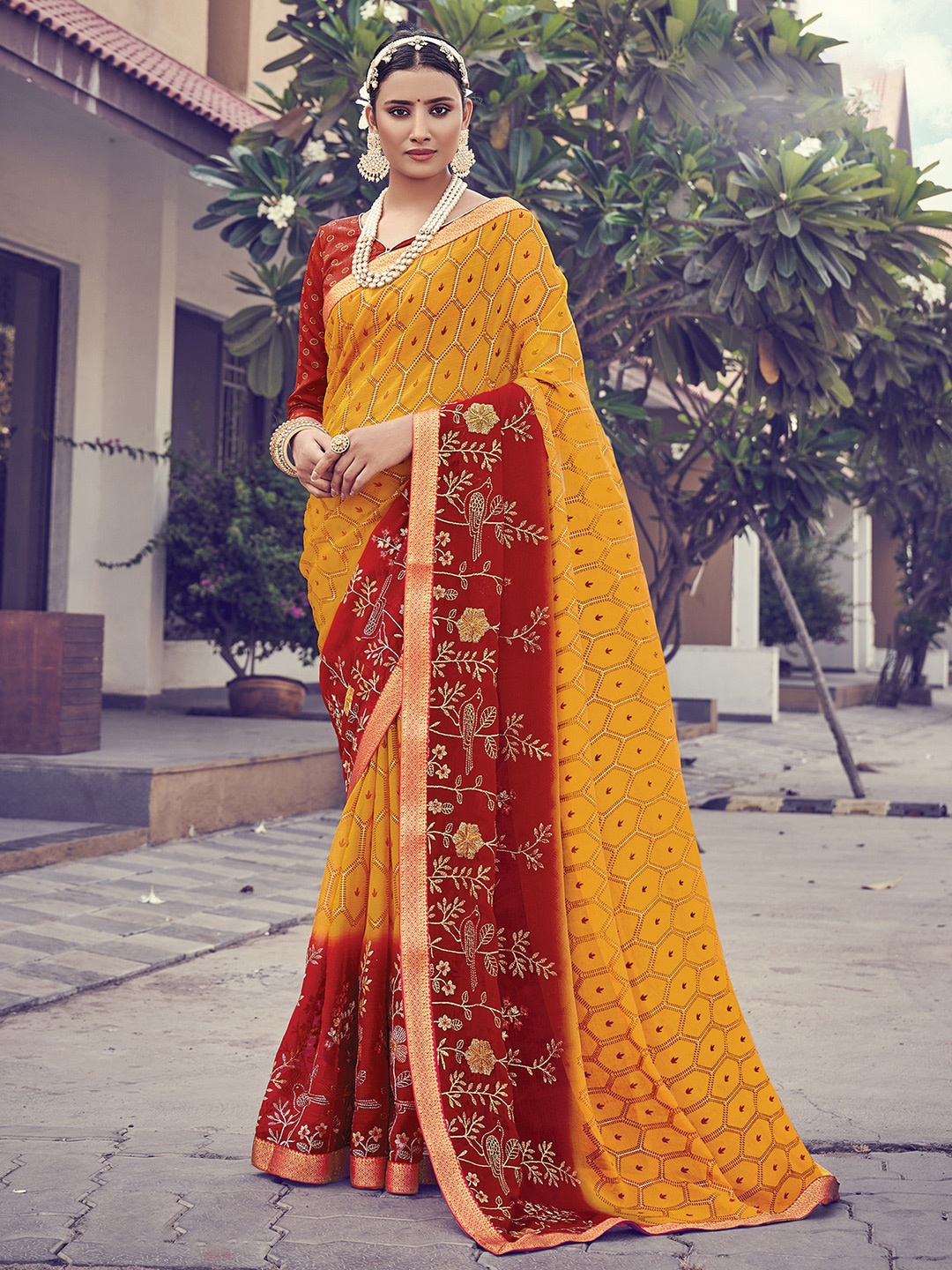 

Mitera Yellow & Red Floral Embroidered Pure Chiffon Banarasi Saree