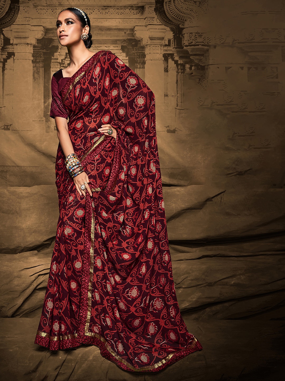 

Mitera Black & Gold-Toned Floral Silk Blend Bagh Saree