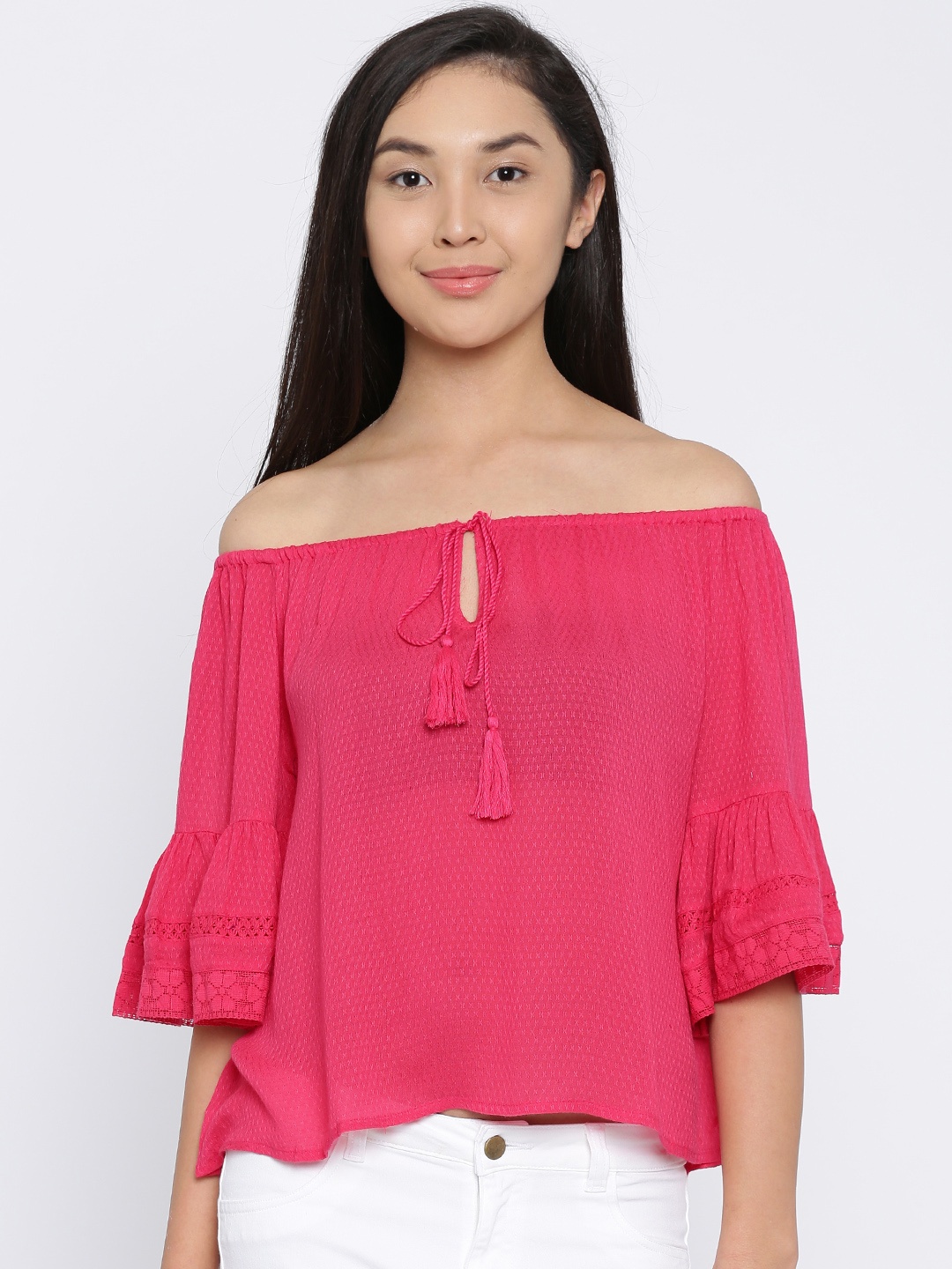 

Ginger by Lifestyle Women Pink Self-Design Bardot Top