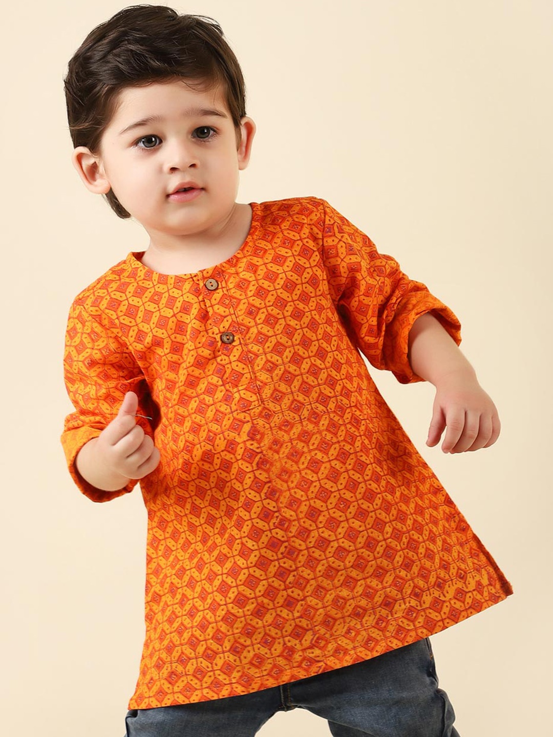 

Fabindia Boys Orange Quirky Cotton Printed Kurta