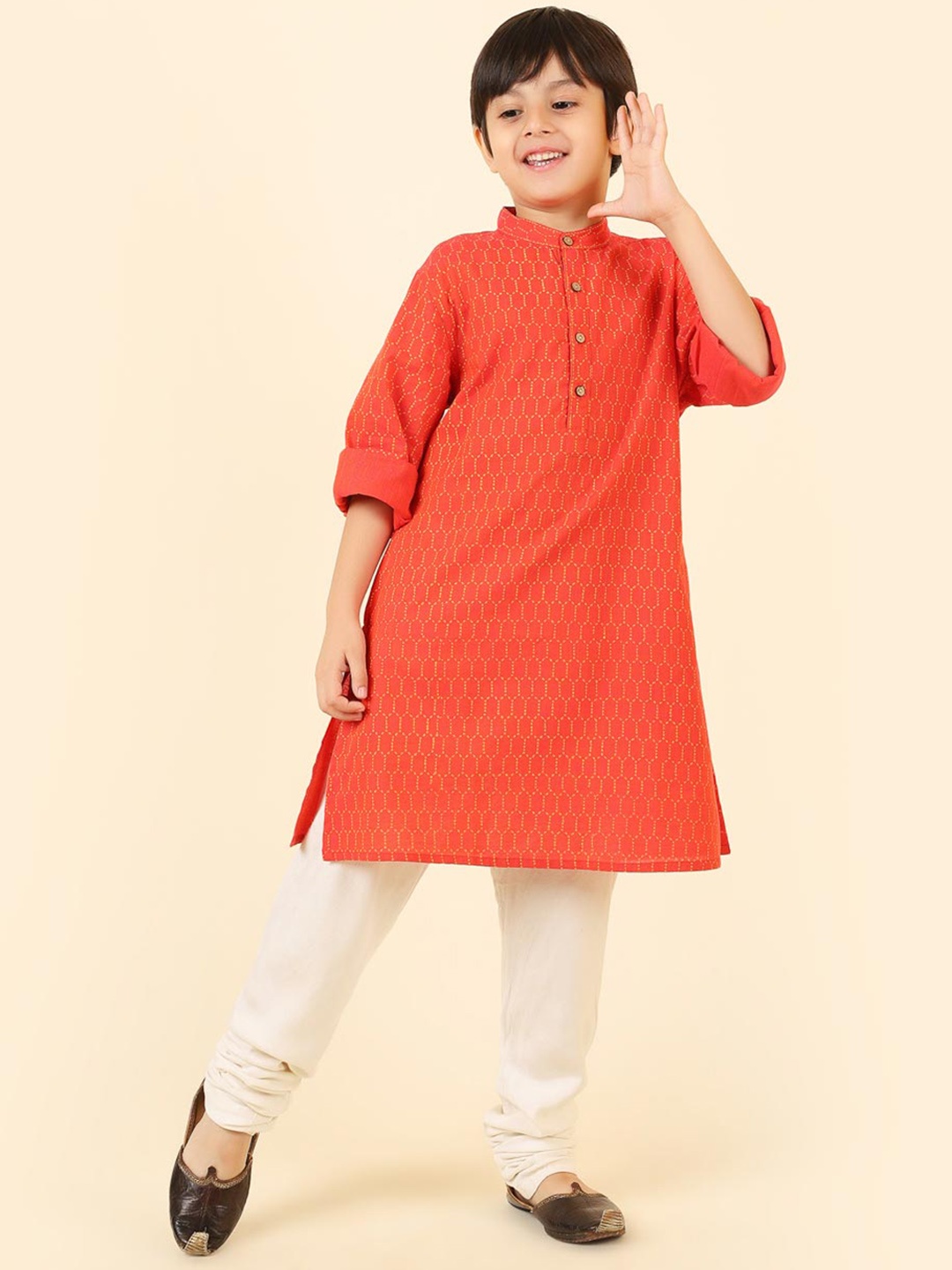 

Fabindia Boys Orange Geometric Cotton Printed Kurta