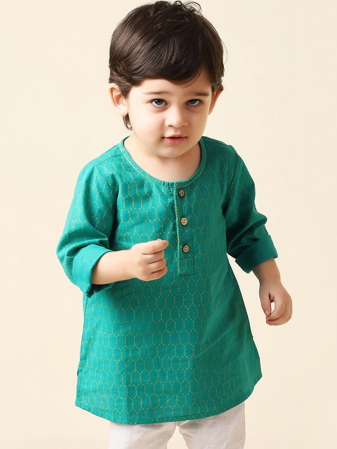 

Fabindia Boys Teal Green Geometric Printed Cotton Kurta