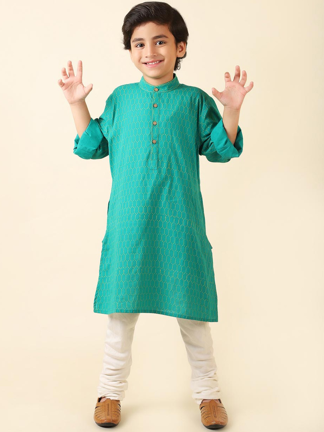 

Fabindia Boys Teal Geometric Printed Cotton Kurta