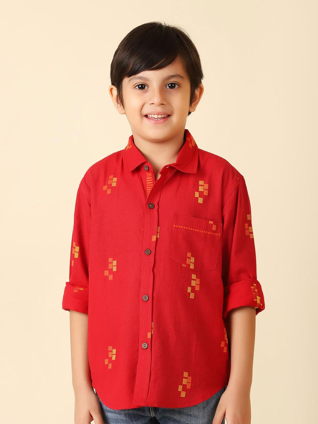 

Fabindia Boys Red Printed Cotton Casual Shirt