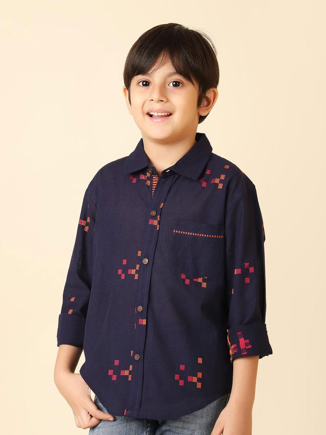 

Fabindia Boys Printed Cotton Casual Shirt, Navy blue