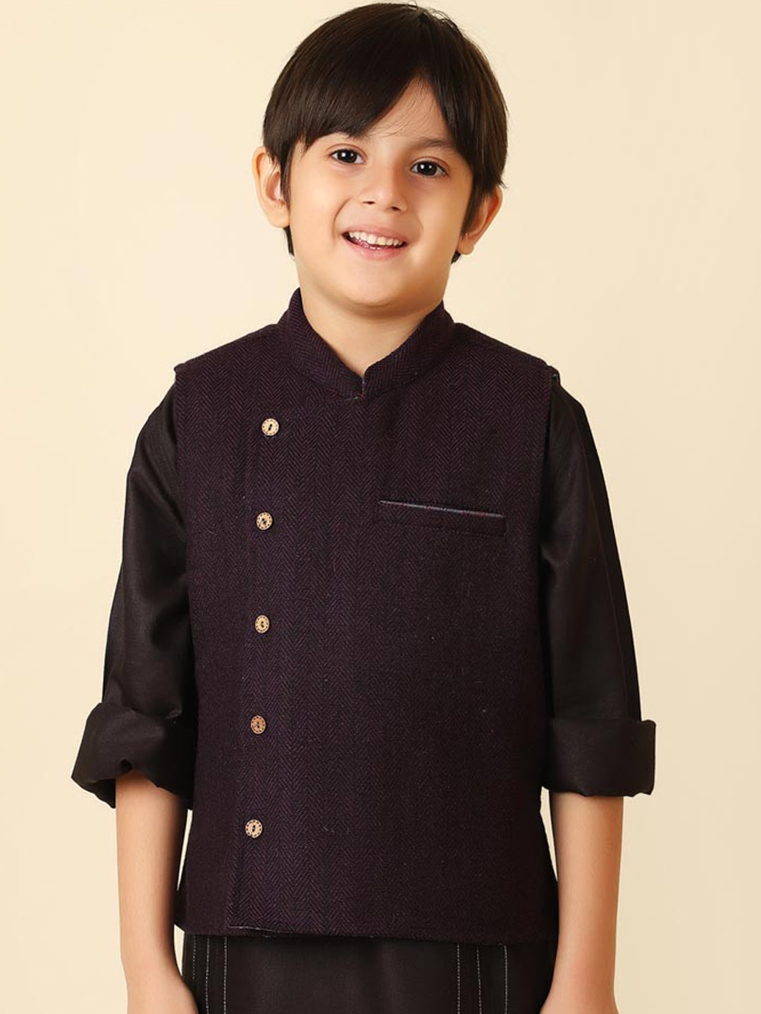 

Fabindia Boys Purple Woven Design Nehru Jacket